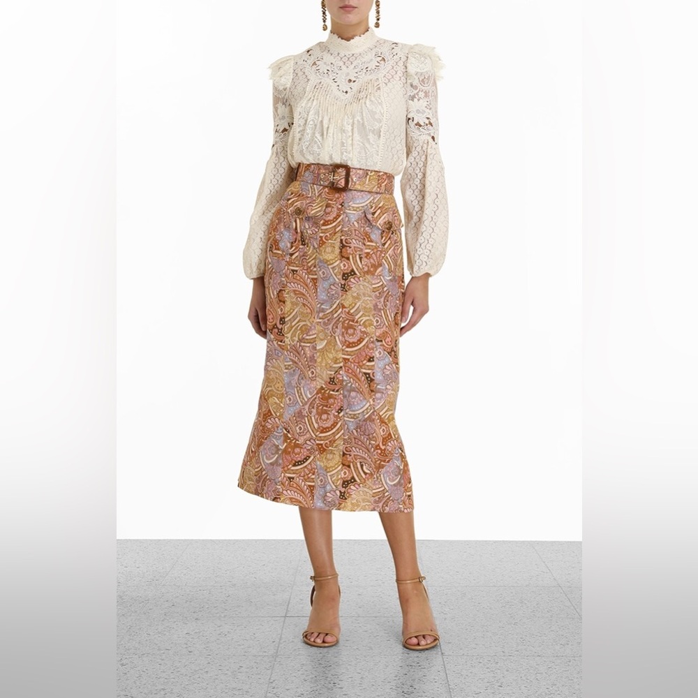 ZIMMERMANN Concert Belted Patchwork Paisley Midi Skirt